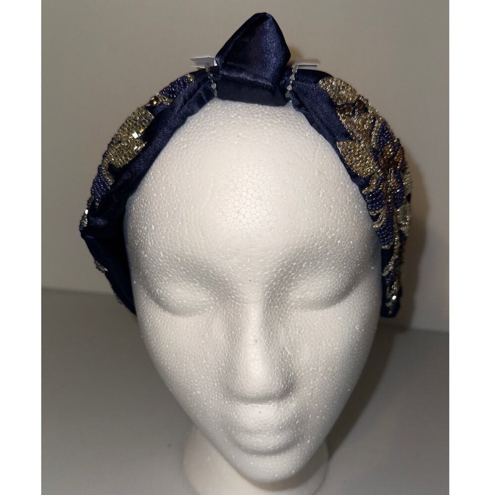 Elegant Navy Beaded Headband with Gold & Bronze Floral Embroidery - Picture 4 of 10